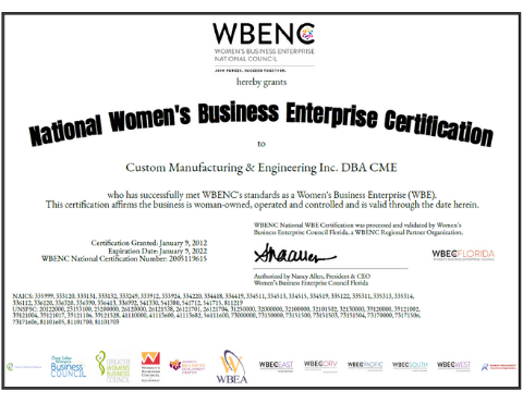 Custom manufacturing & Engineering WBENC-Certified Women's Business Enterprise (WBE) Certification