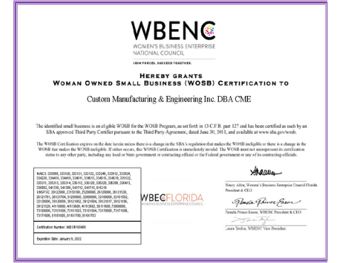 Custom Manufacturing & Engineering WOSB-Certified Women's Business Enterprise (WBE) Certification